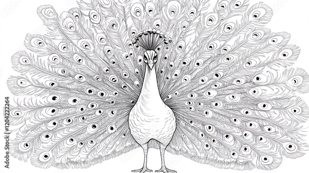 Poster detailed line drawing of a peacock with fully spread tail feathers showcasing intricate patterns