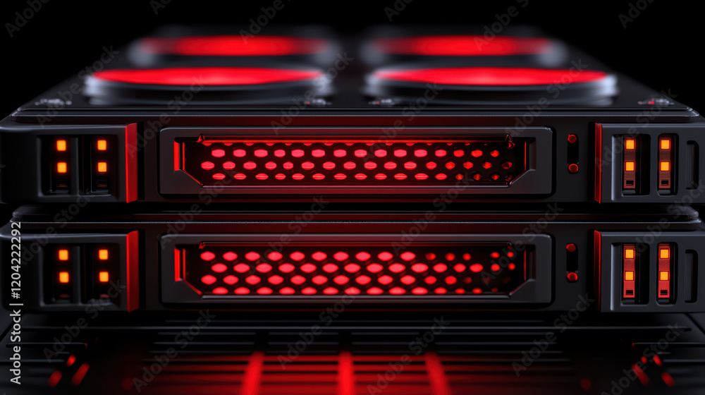 Poster high tech server with red lights and sleek design