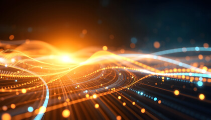 Abstract Orange and Blue Light Waves with Particles, Technology Background

