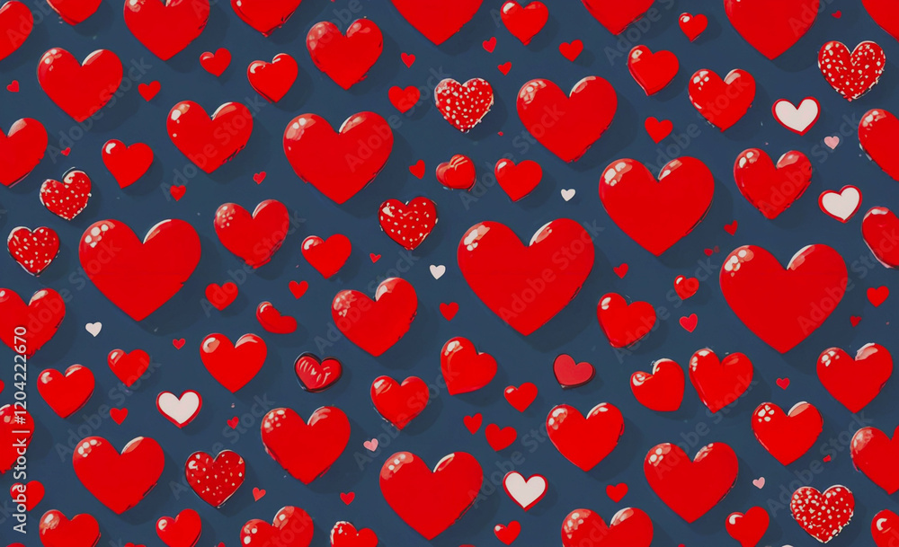 Poster a blue background with many red hearts scattered throughout. the hearts are of various sizes and are