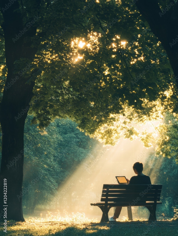 Poster person enjoying quiet moment on park bench with tablet in sunlight filtering through trees. generati