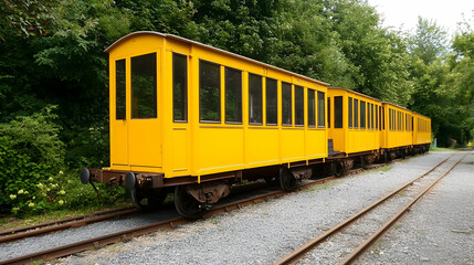 Fototapeta premium Yellow vintage train cars parked on railway tracks in green forest. Possible use travel, tourism, history