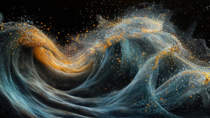 Naklejka premium Abstract swirling wave with golden particles and dark background