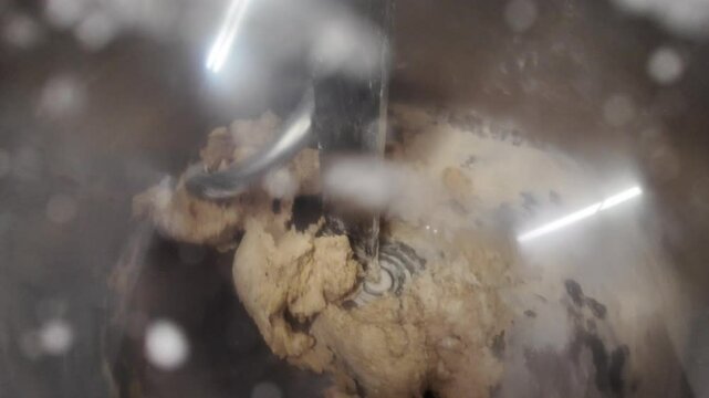 p&eacute;trissage de la pr&eacute;paration farine eau levure en vue de la conception de la pate &agrave; pain dans le petrin &agrave; la boulangerie francaise