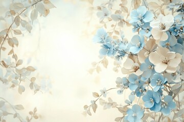 Delicate blue and cream flowers bloom against a soft, dreamy backdrop that evokes serenity and tranquility in a spring garden