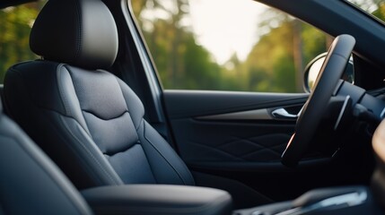 Elegant Car Interior with Luxurious Black Leather Seats Highlighting Modern Design and Open Road View