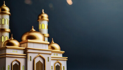 Beautifully Illuminated Mosque with Golden Domes and Minarets Under a Starry Night Sky with Hanging Lights
