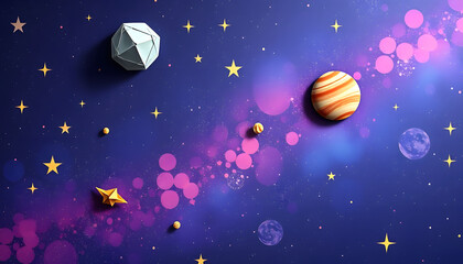 background with stars and planets, origami, with white tones