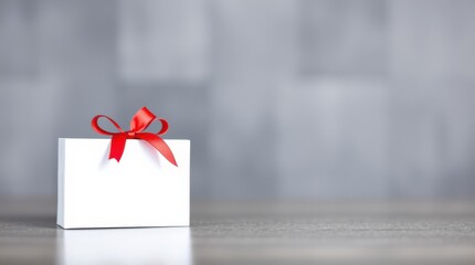 A small white gift box with a red ribbon sits on a gray surface against a blurred background. Perfect for holiday or celebratory themes.