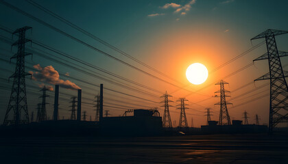 A power plant with many power lines and a large sun in the sky, dinamic scene, with white tones