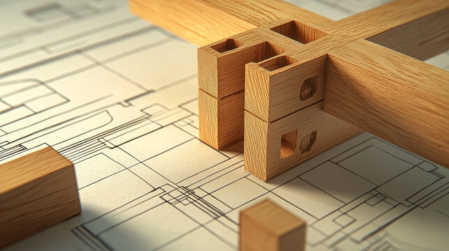 A highly intricate 3D-rendered visualization of wood joinery featuring an array of planks connected at various lengths using the same joint technique. Generative AI