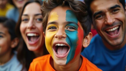 Close-up young boy's face painted with teamâs colors eyes wide with excitement Smiling Hispanic family cheering at a soccer match