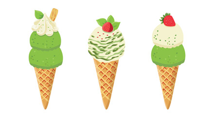 Vector illustration of matcha ice cream. Ice cream set in waffle cone. Taiyaki with matcha ice cream and strawberry. For menu design, culinary blogs, prints and cards.