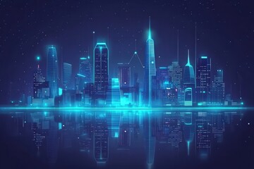 Naklejka premium Futuristic City Skyline Illuminated by Neon Lights at Night with Reflections on Water, Offering a Vision of Urban Innovation and Technological Advancement
