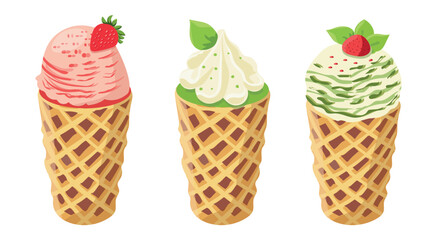 Vector illustration of matcha ice cream. Ice cream set in waffle cone. Taiyaki with matcha ice cream and strawberry. For menu design, culinary blogs, prints and cards.