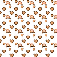 Fototapeta premium A backdrop featuring two lovebirds sitting on a branch, surrounded by rustic wooden elements, heart rings, a swing and a lantern. This cozy woodland-themed design is perfect for Valentine's Day, roma