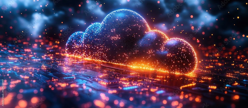 Poster glowing cloud computing network data.