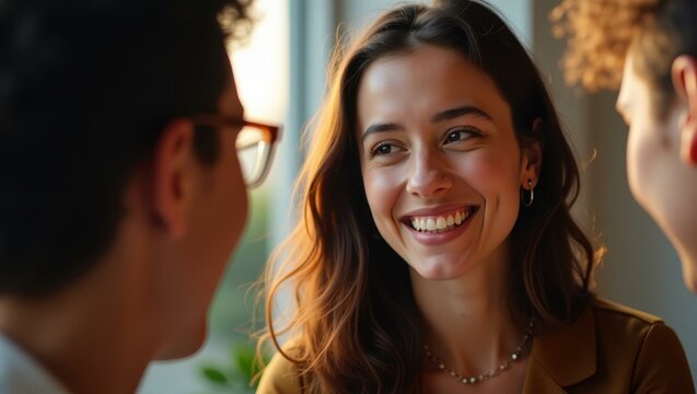 Genuine smile shared between strangers as they explore potential synergies Smiling diverse coworking community network event