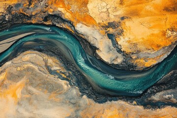 Aerial view of a turquoise river winding through a landscape of  ochre and dark grey rocks.