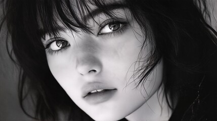 Fototapeta premium Close-up of a young woman with messy hair and bangs looking into the camera.