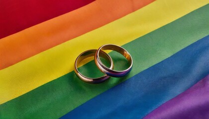 A pair of golden wedding rings laying on a rainbow flag. Gold ring as gay, lesbian, bisexual and transgender marriage, same sex civil union or partnership symbol. LGBTQ and marriage rights concept.