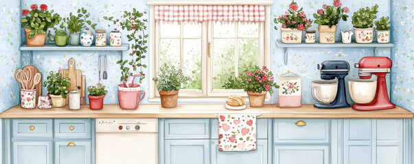 cozy kitchen scene featuring blue cabinets, potted plants, and colorful kitchenware. cheerful atmosphere is enhanced by natural light streaming through window