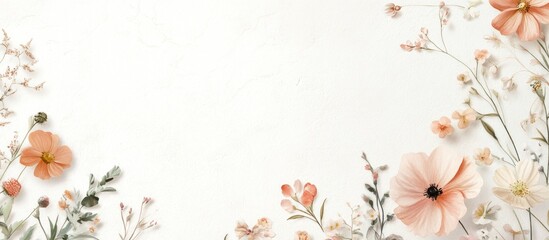 Delicate floral illustration featuring peach and white flowers on a textured background