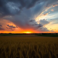 Dramatic sunset over golden wheat field.