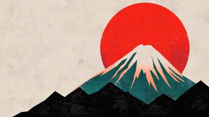 A stylized illustration of Mount Fuji with a large red sun in the background, featuring bold colors and a vintage texture.