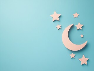 Pink Crescent Moon and Stars on Blue Background