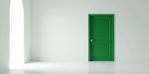 A solitary emerald door stands in a minimalist white room, bathed in soft light from an arched window; a scene of simple elegance and understated mystery.
