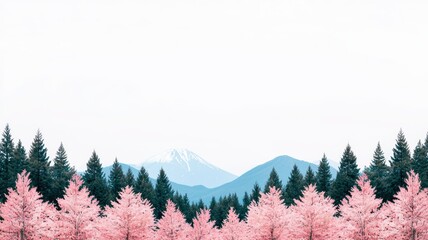 Fototapeta premium A serene landscape featuring pink trees in the foreground, lush green evergreens, and distant mountains under a clear sky.
