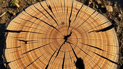 Cross-section of a tree trunk, showing growth rings and cracks.