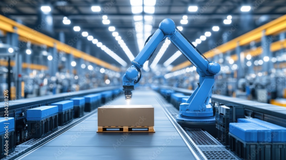 Poster robotic arm handling package in modern automated warehouse with bright lighting and neat conveyor sy