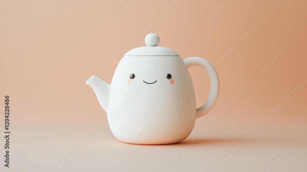 Poster cute minimalistic teapot with friendly face on soft background