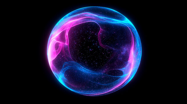 Glowing blue and purple abstract sphere of small particles like data flow on a dark background. Creative digital tech circle