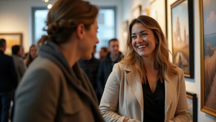 Candid moment showing artist deep in conversation with fellow creator Smiling Caucasian artist showcasing work at a gallery opening