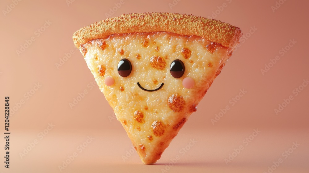Poster cute minimalistic slice of pizza with a friendly smile on a soft background