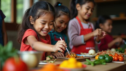 Children helping prepare community feast learning about traditional recipes and ingredients Smiling Indigenous children participating in a local holiday festival