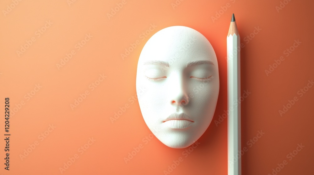 Poster minimalistic white face with simple pencil on soft orange background