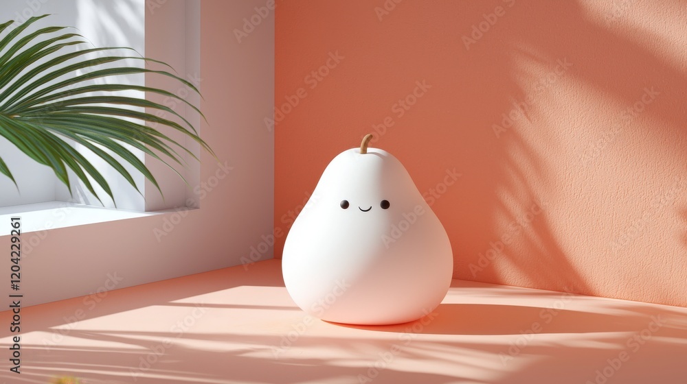 Poster cute minimalistic white pear with friendly face on soft peach background