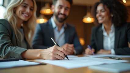 Close-up her signing partnership document with poise and assurance Smiling diverse team celebrating a project success