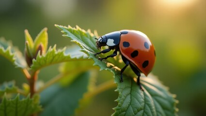 Naklejka premium Close-up ladybirds crawling gracefully over nearby plants Smiling Hispanic woman meditating in a serene garden