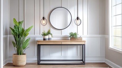 A stylish interior setting featuring a wooden console table plants and hanging lights