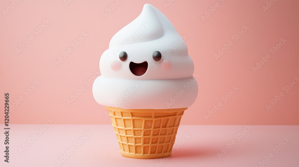 Poster cute minimalistic ice cream cone with happy face and simple design