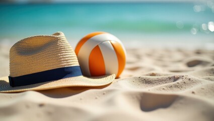 Obraz premium Close-up sun hat and volleyball resting together on sand Smiling Asian friends playing beach volleyball