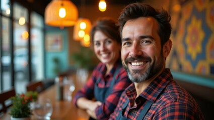 Fototapeta premium Close-up vibrant mosaics decorating restaurant walls Smiling Middle Eastern couple operating a family-run restaurant