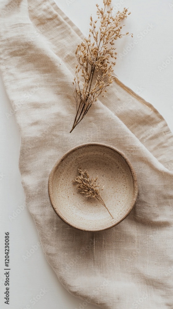 Poster a serene flat-lay composition highlights a soft linen napkin paired with a rustic bowl containing dr