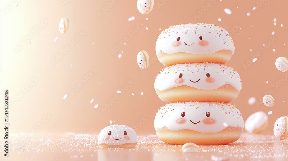 Poster cute minimalistic stack of donuts with happy faces on simple background