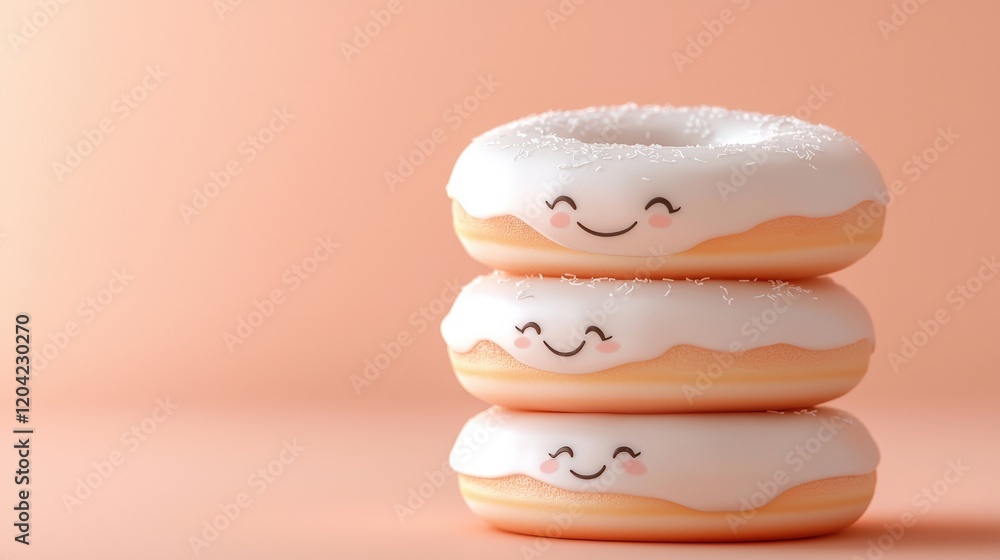 Poster cute minimalistic stack of donuts with happy faces on simple background